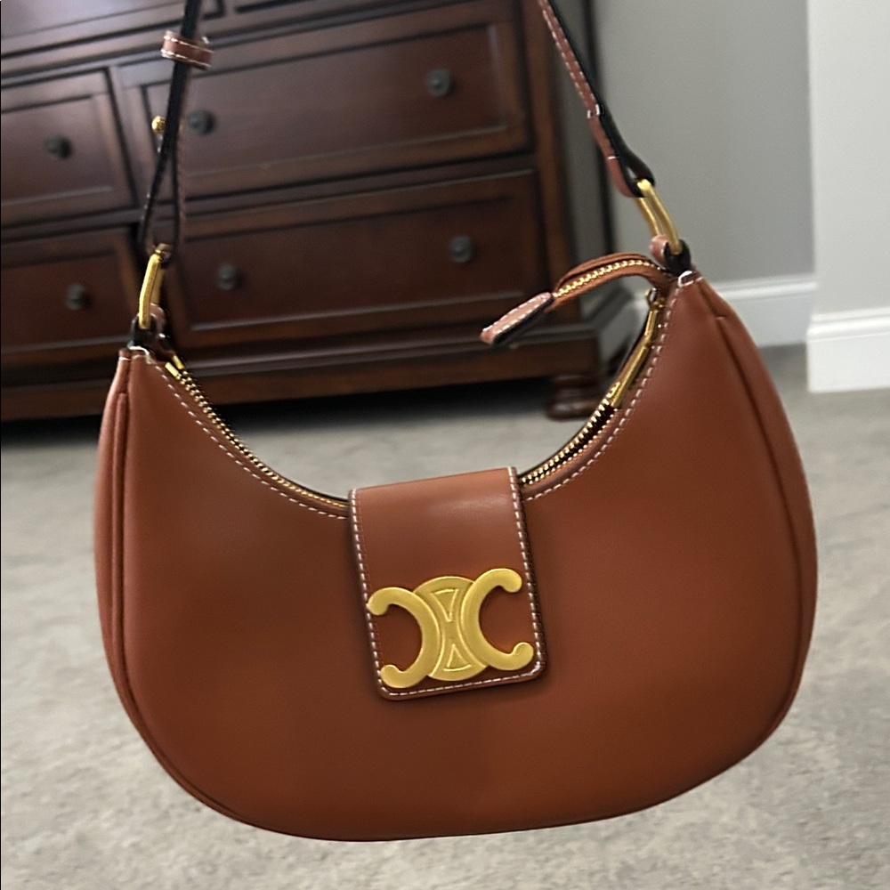 Celine Tan Leather Shoulder Bag with Gold Logo